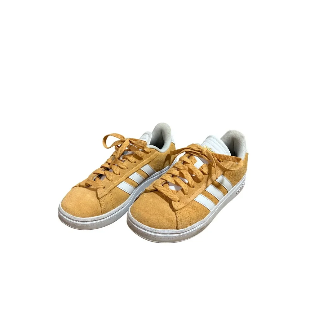 Adidas Grand Court Mustard Yellow Suede Sneakers White Stripes‎ Womens RARE 6.5